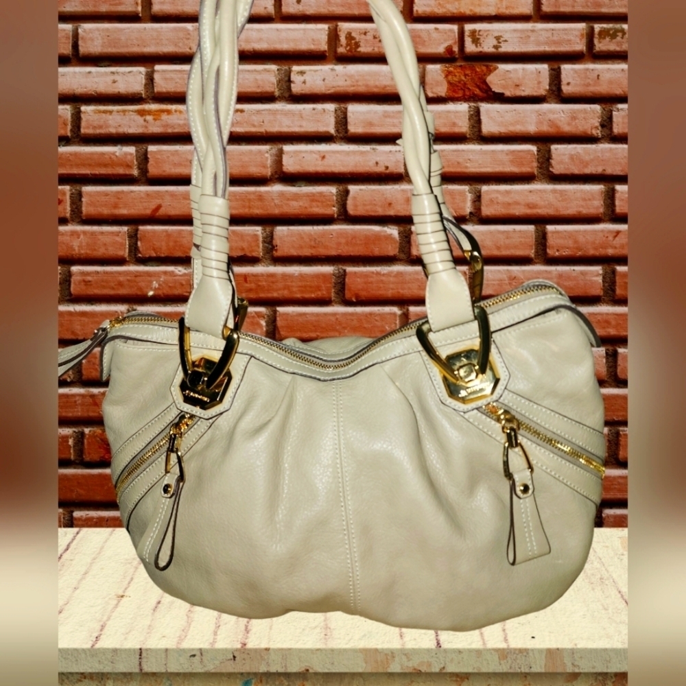 B. Makowsky Light Tan Shoulder Bag with Gold Hardware